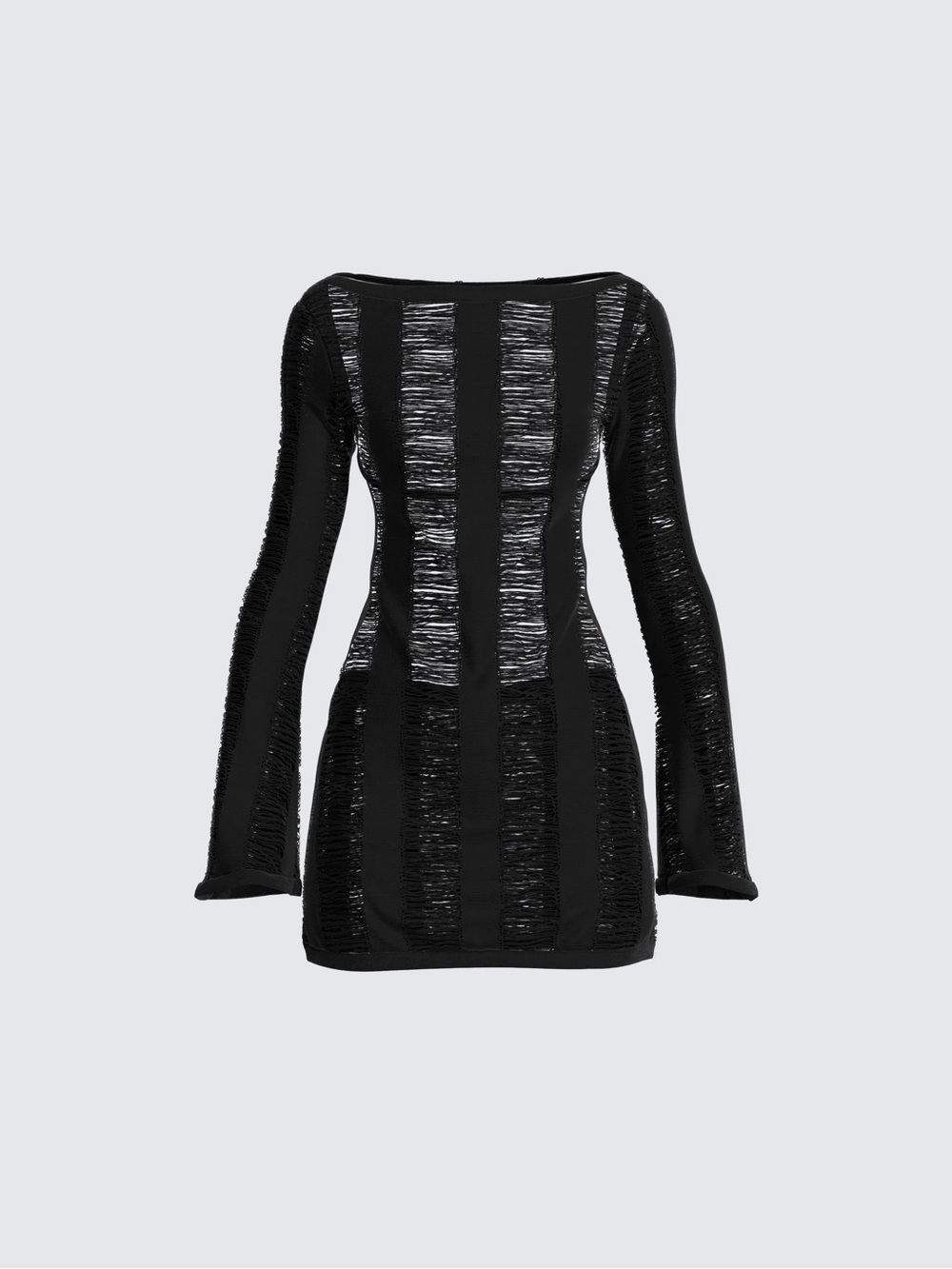 Black Open-Knit Distressed Long Sleeve Dress